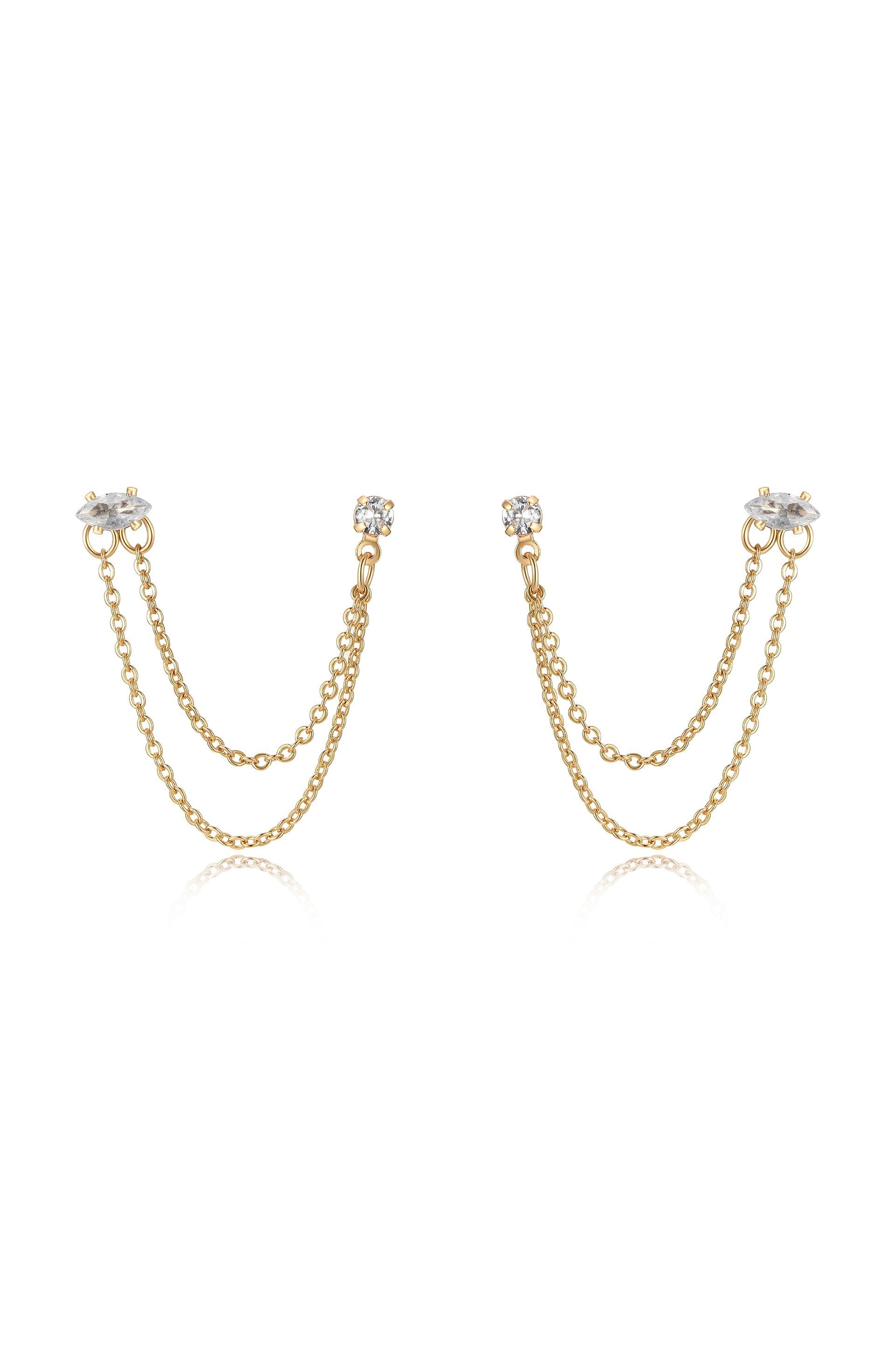 Double Piercing Chain Dangle Earrings Clear Crystal with 18k Gold Plating