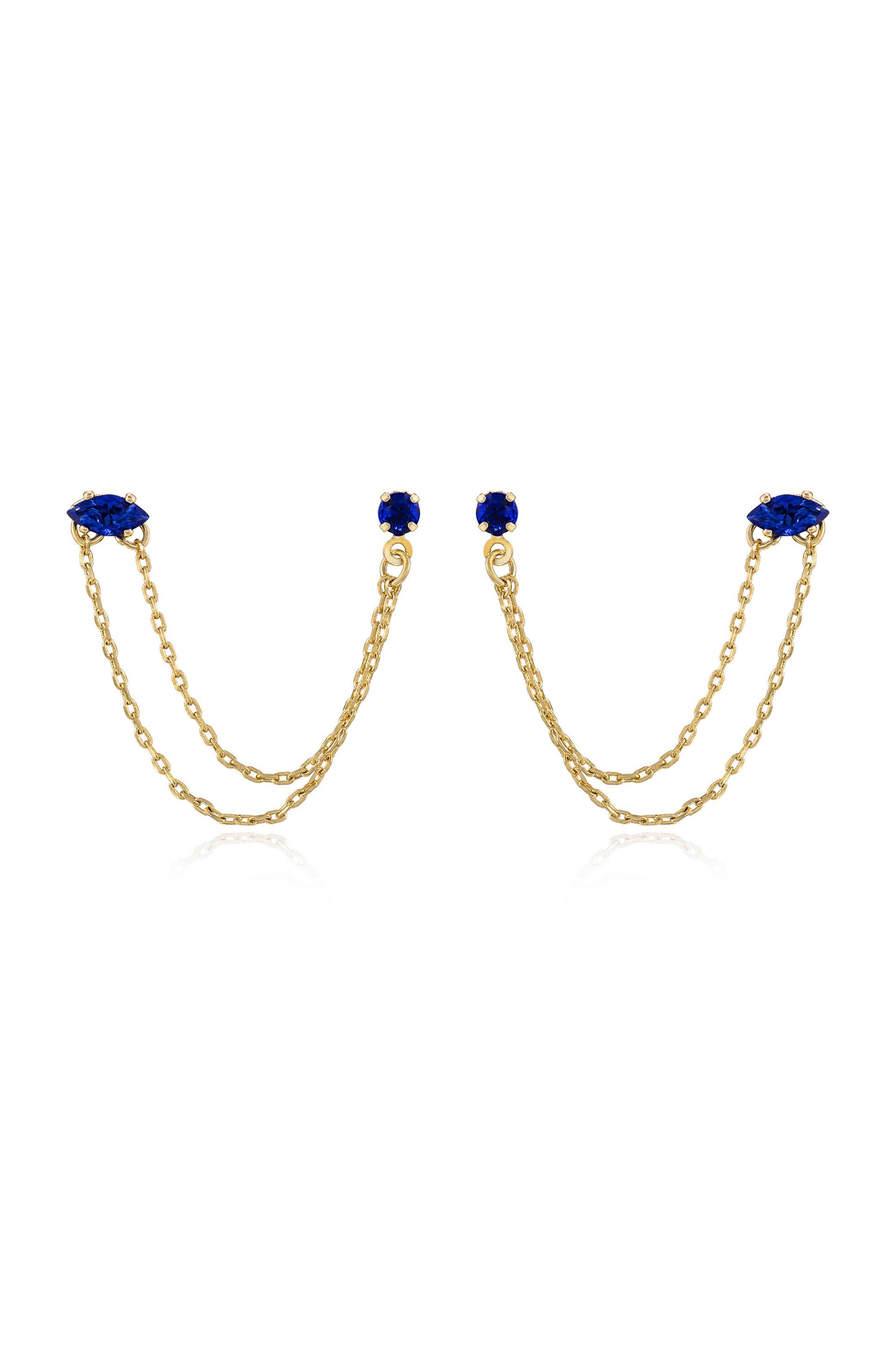 Double Piercing Chain Dangle Earrings Tanzanite Crystal with 18k Gold Plating
