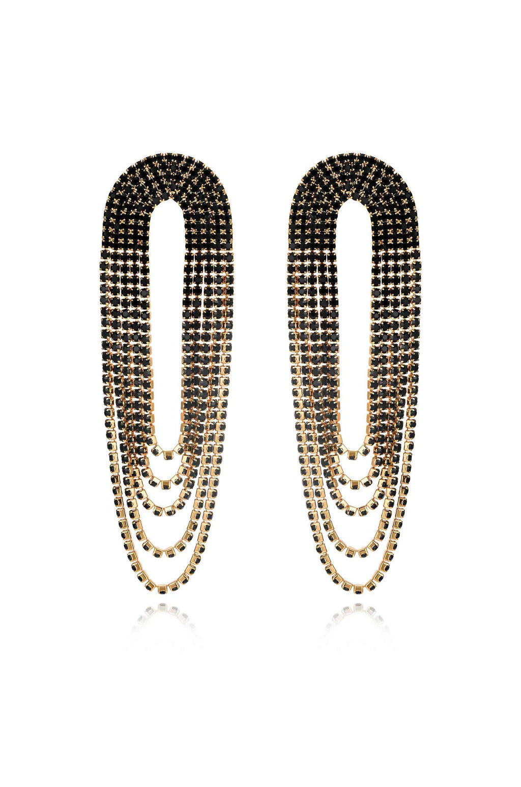 Crystal Drape Fringe Earrings Black Crystal with 18k Gold Plating