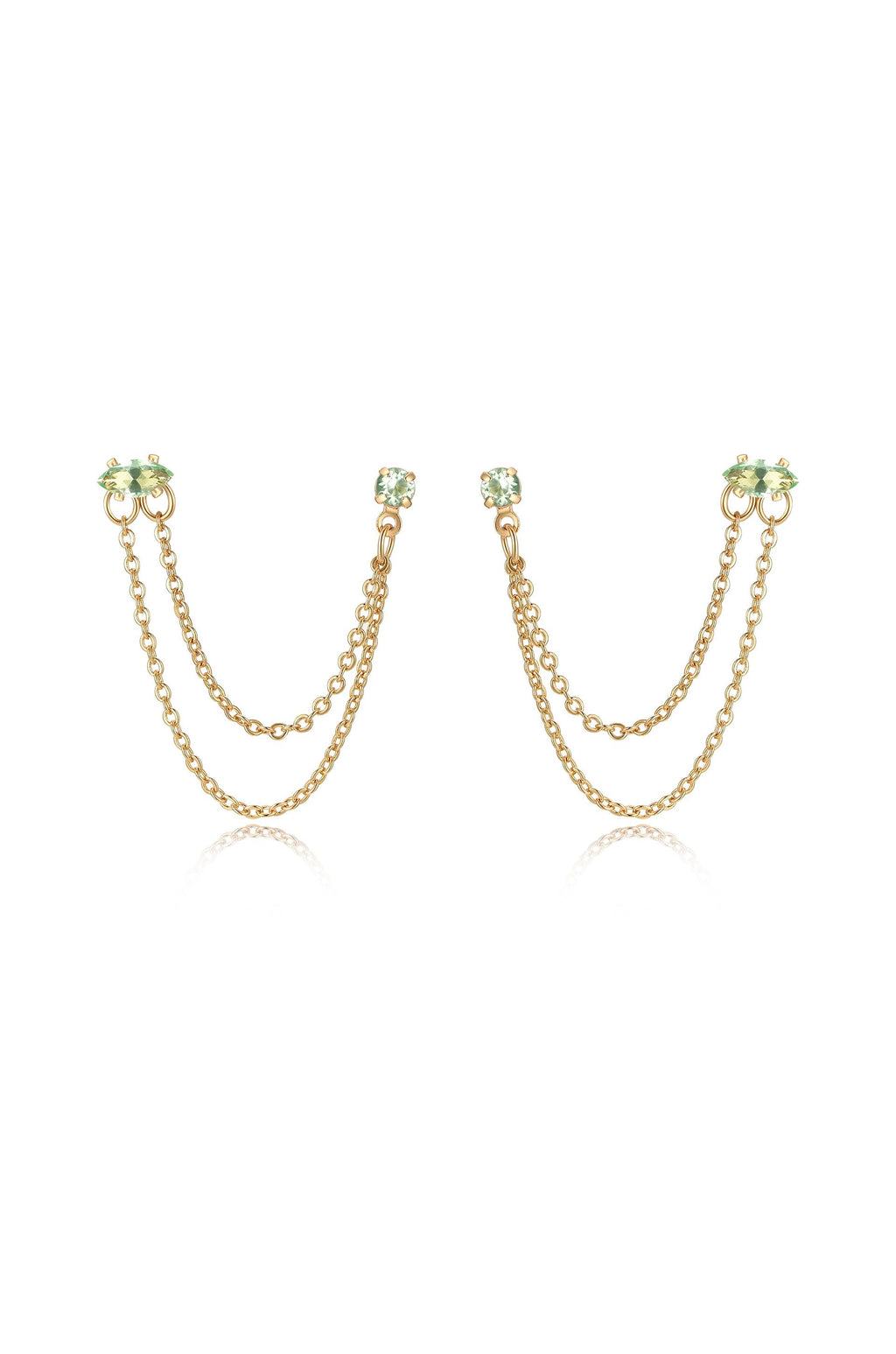 Double Piercing Chain Dangle Earrings Apple Green Crystal with 18k Gold Plating