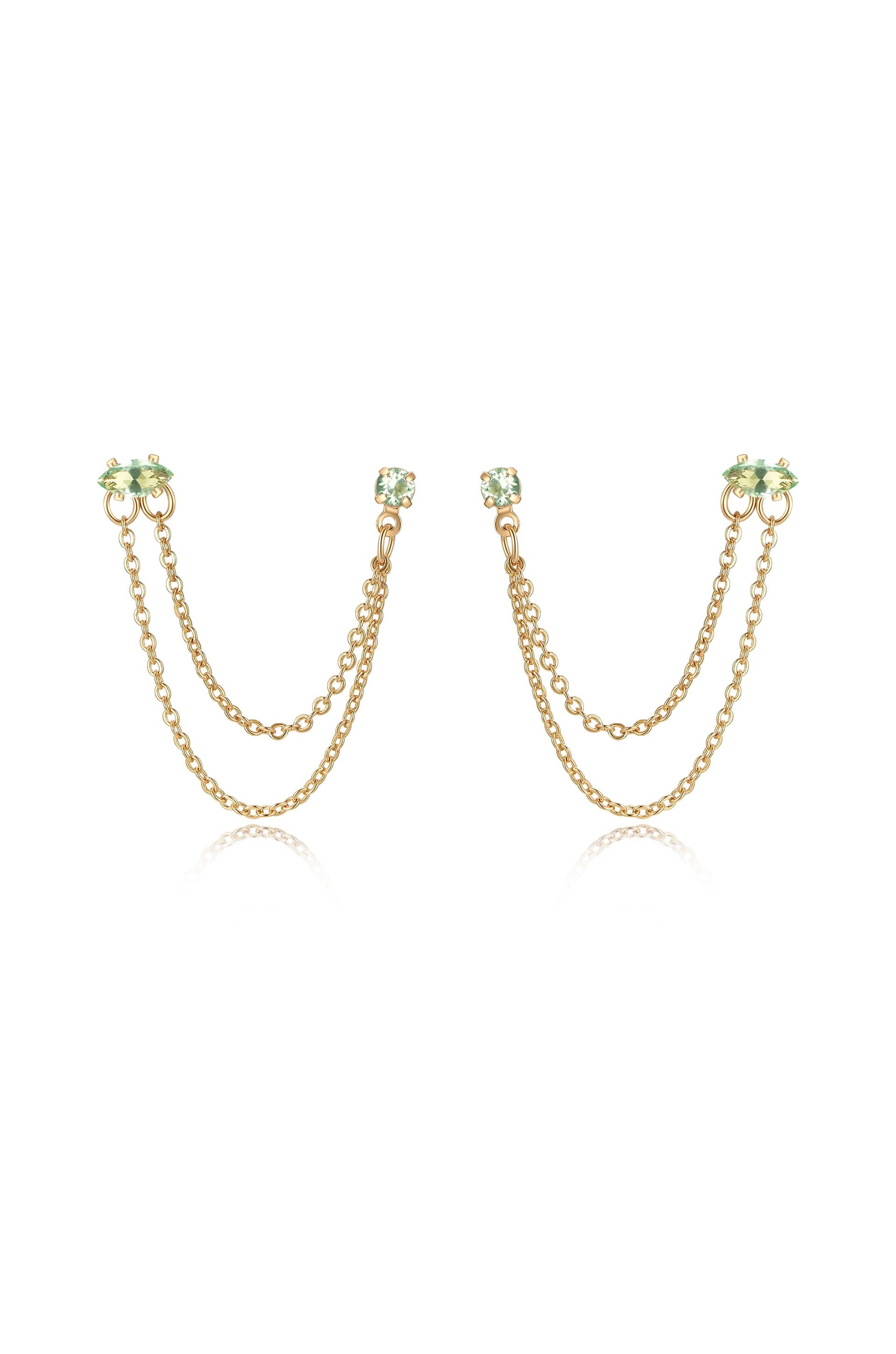 Double Piercing Chain Dangle Earrings Apple Green Crystal with 18k Gold Plating