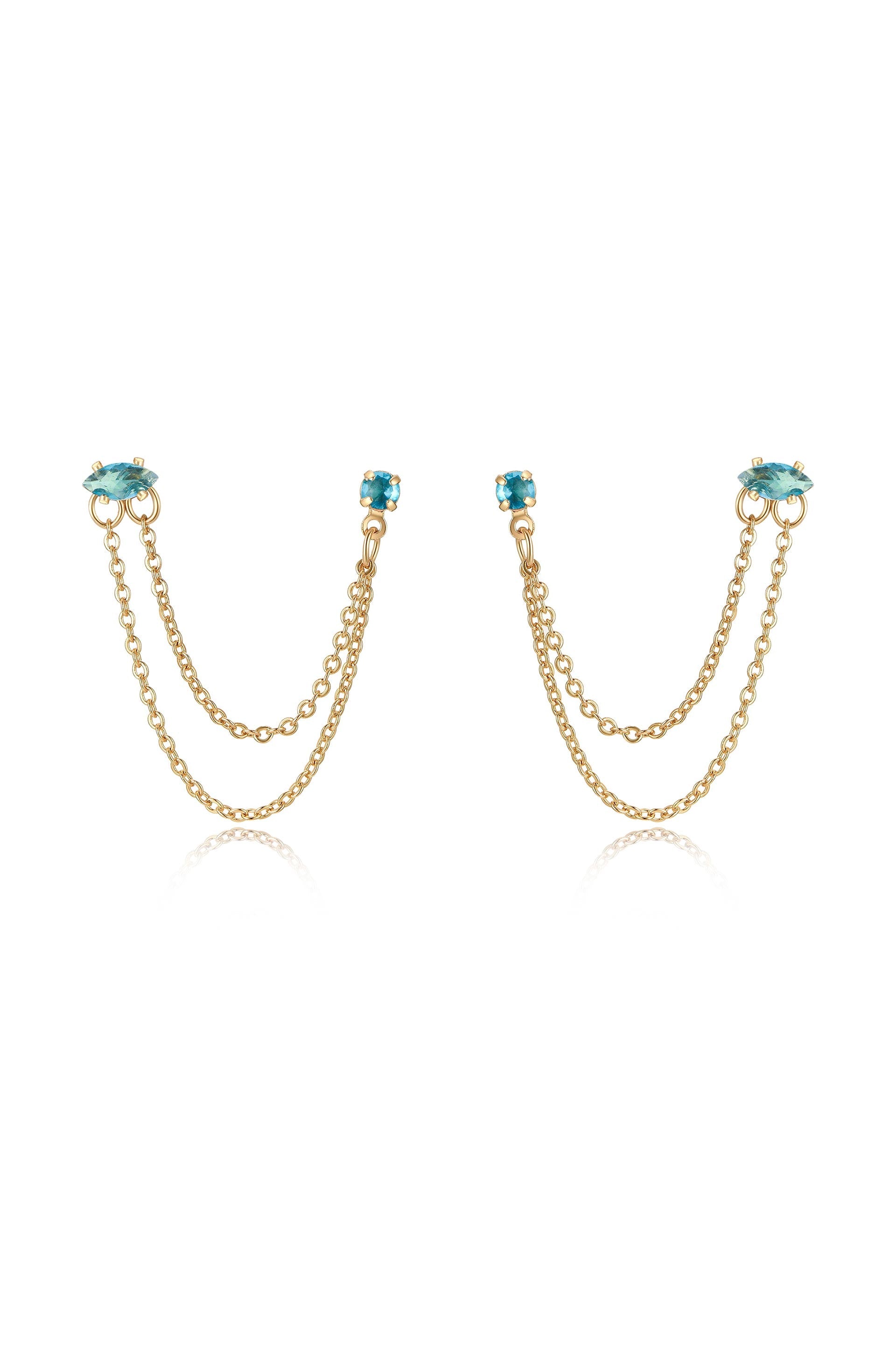 Double Piercing Chain Dangle Earrings Aqua Crystal with 18k Gold Plating