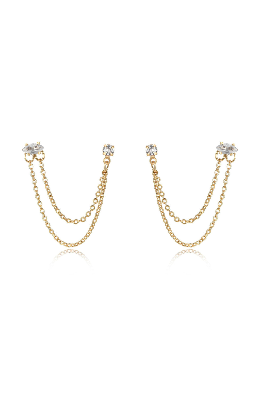 Double Piercing Chain Dangle Earrings Clear Crystal with 18k Gold Plating