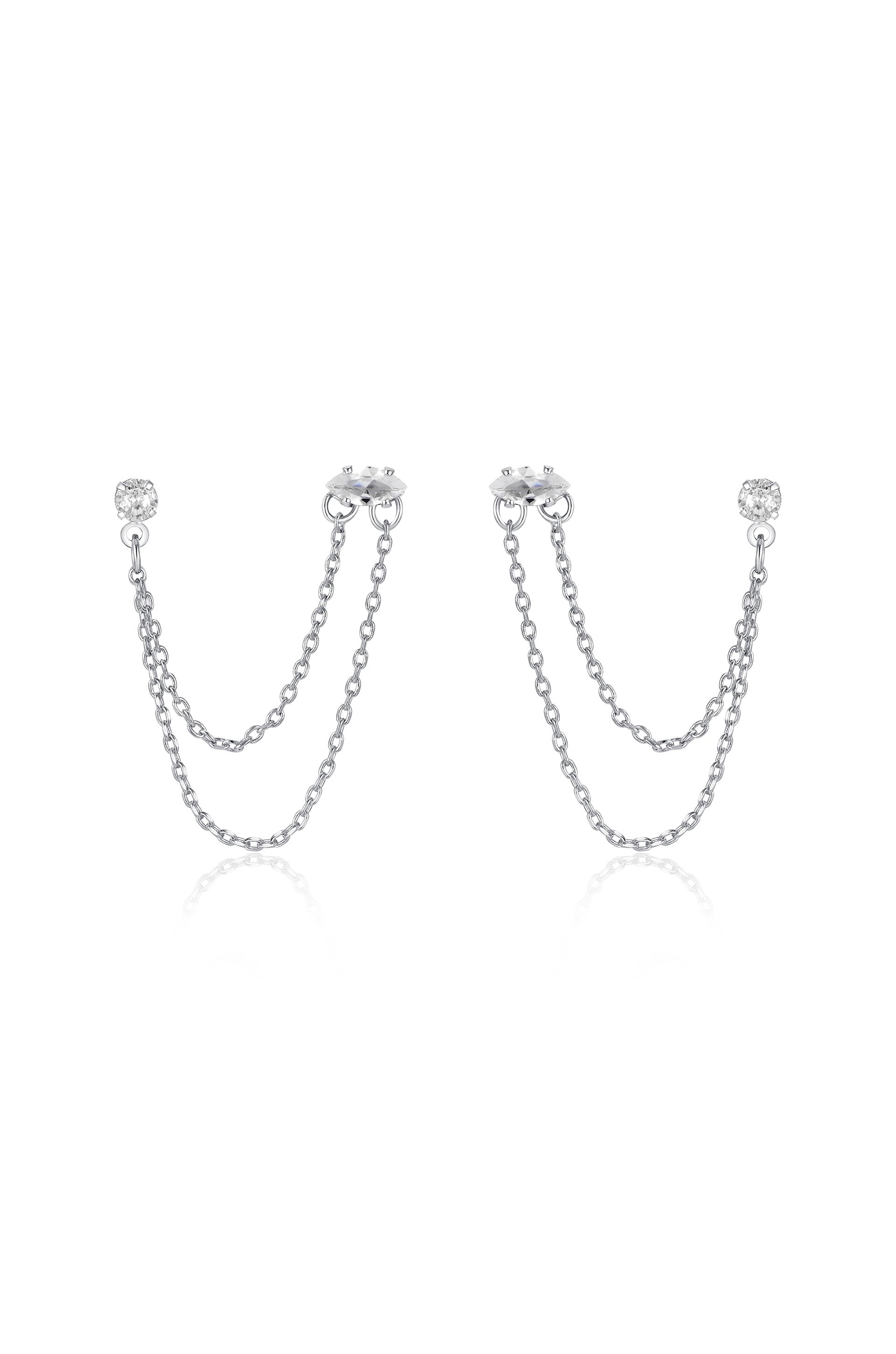 Double Piercing Chain Dangle Earrings Clear Crystal with Rhodium Plating