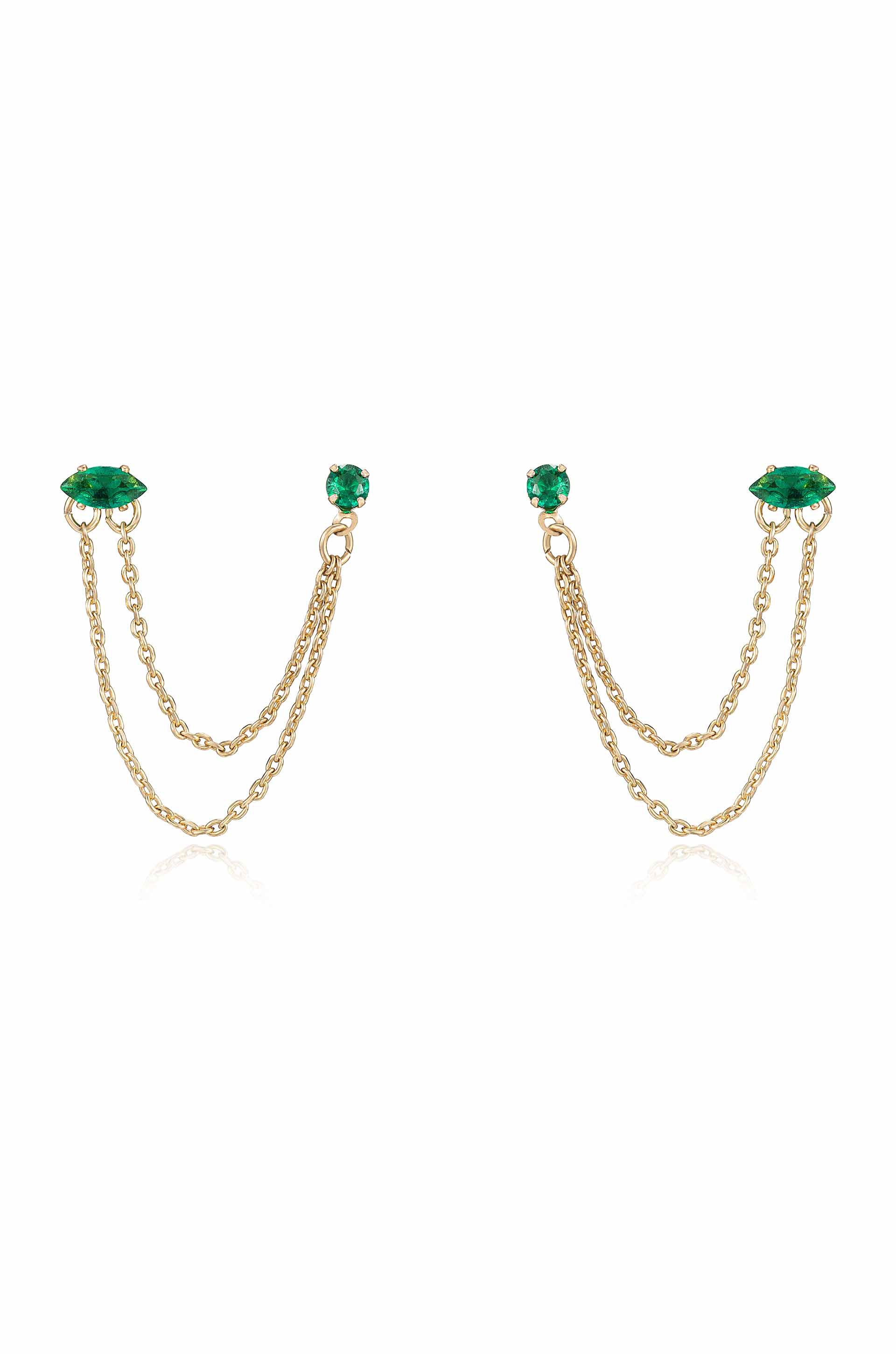 Double Piercing Chain Dangle Earrings Emerald Crystal with 18k Gold Plating