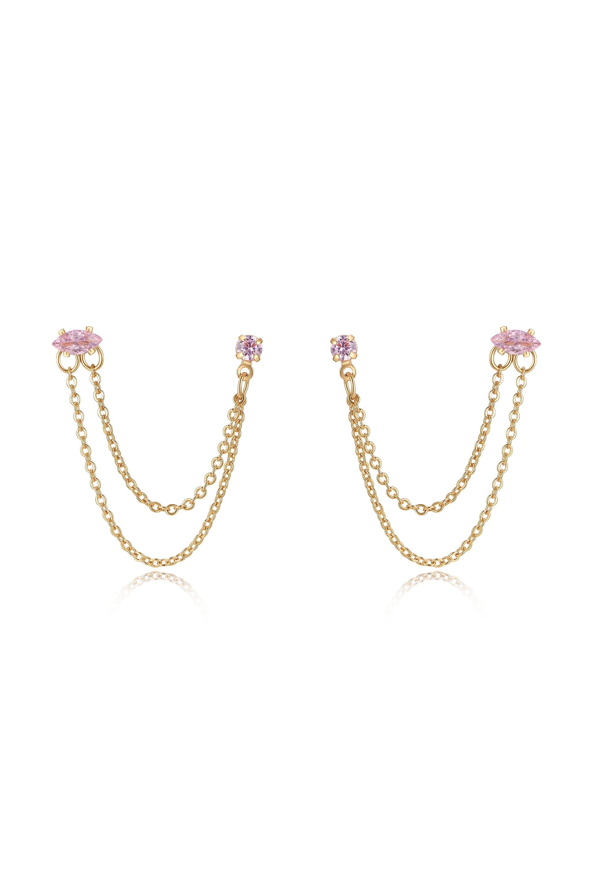 Double Piercing Chain Dangle Earrings Light Pink Crystal with 18k Gold Plating