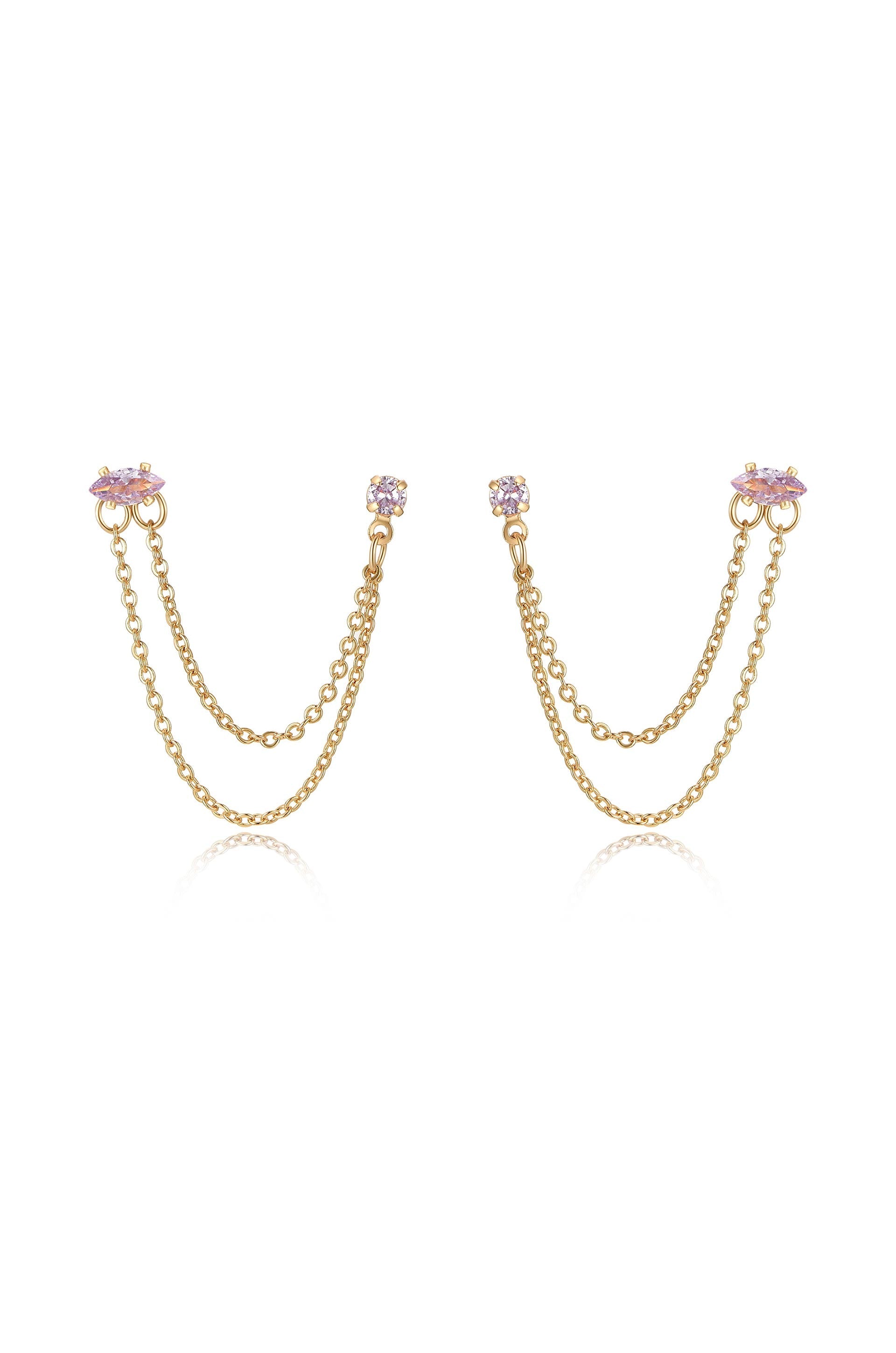 Double Piercing Chain Dangle Earrings Light Pink Crystal with 18k Gold Plating
