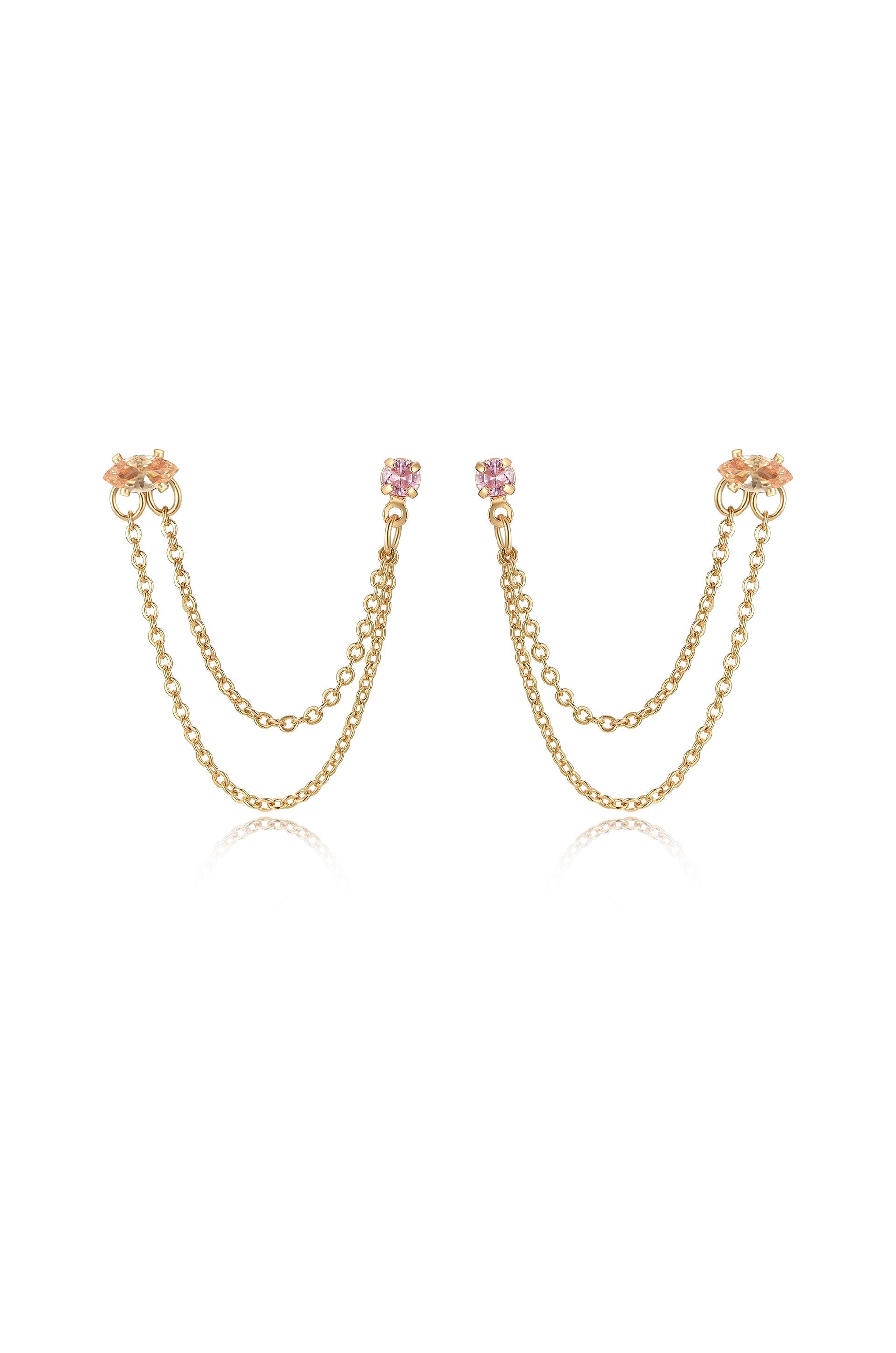 Double Piercing Chain Dangle Earrings Light Pink and Topaz Crystal with 18k Gold Plating