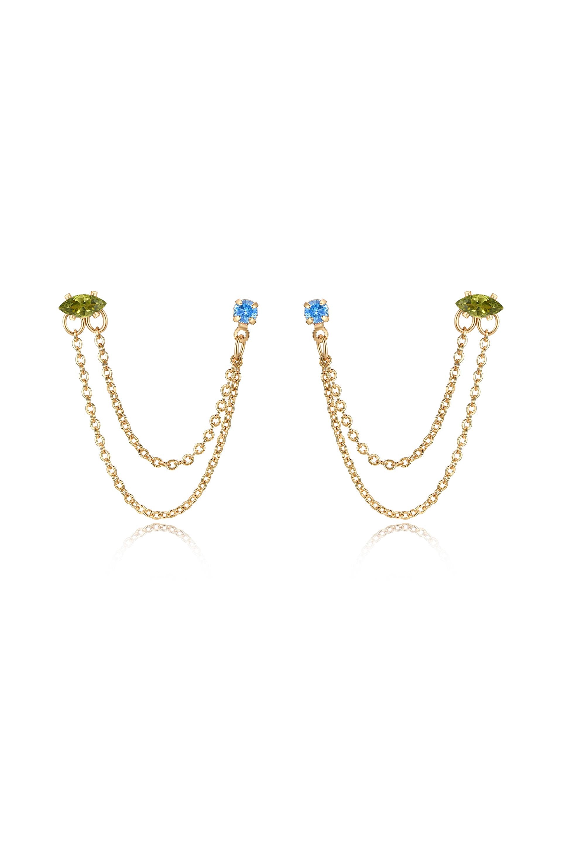 Double Piercing Chain Dangle Earrings Peridot and Sapphire Crystal with 18k Gold Plating
