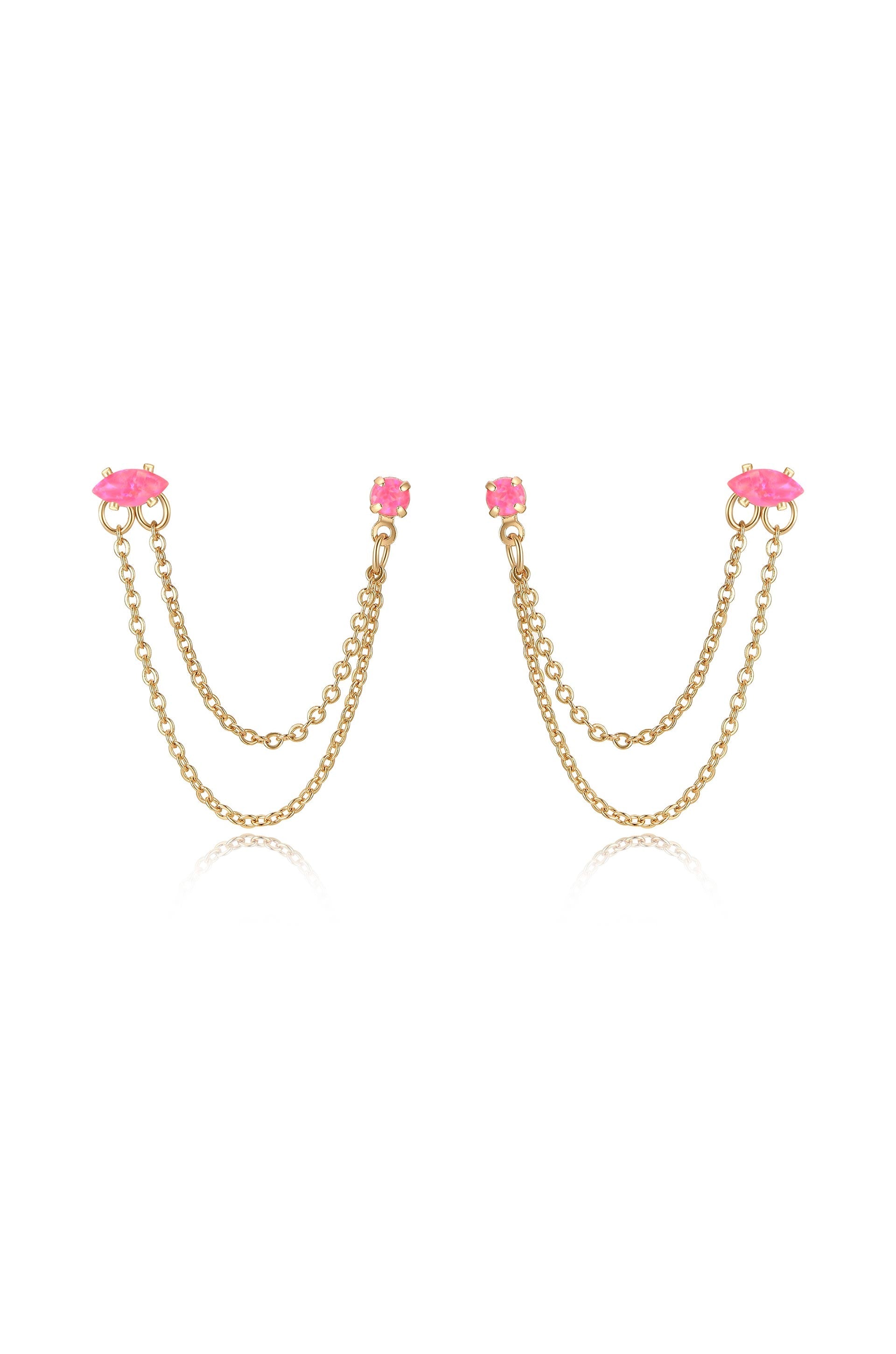 Double Piercing Chain Dangle Earrings Pink Opal with 18k Gold Plating