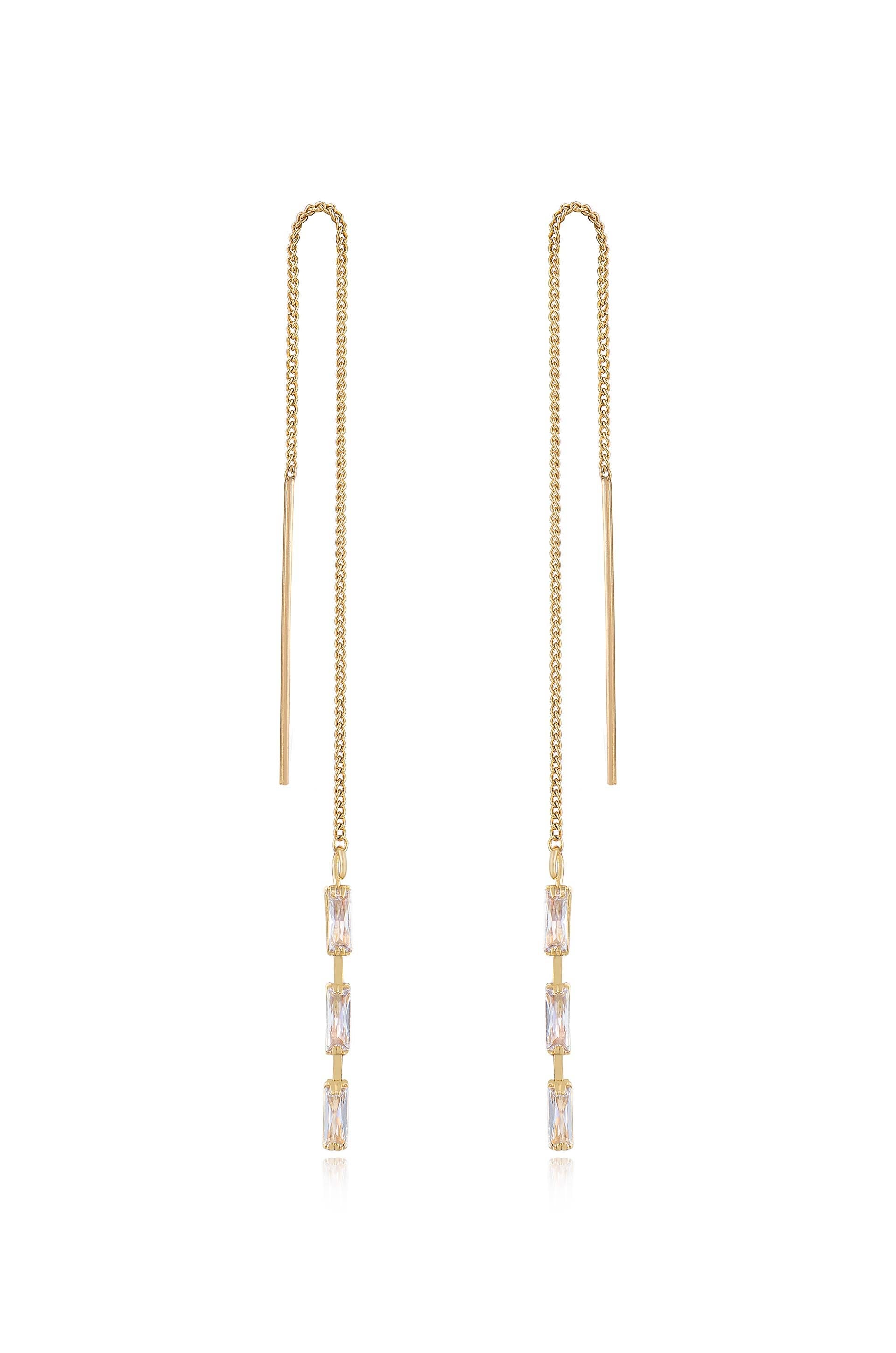 Crystal Baguette Threader Earrings Clear Crystal with 18k Gold Plating