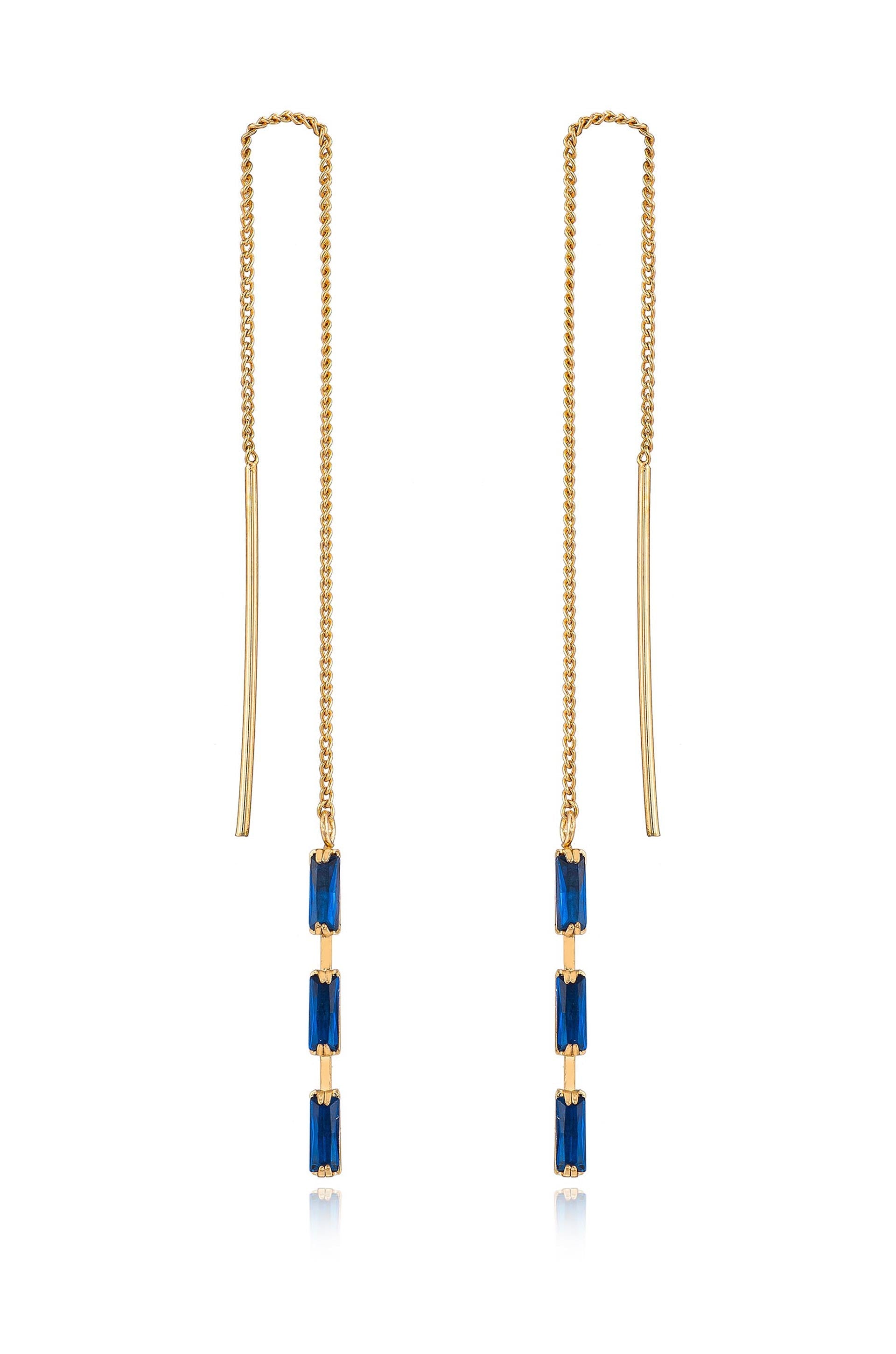 Crystal Baguette Threader Earrings Sapphire Crystal with 18k Gold Plating