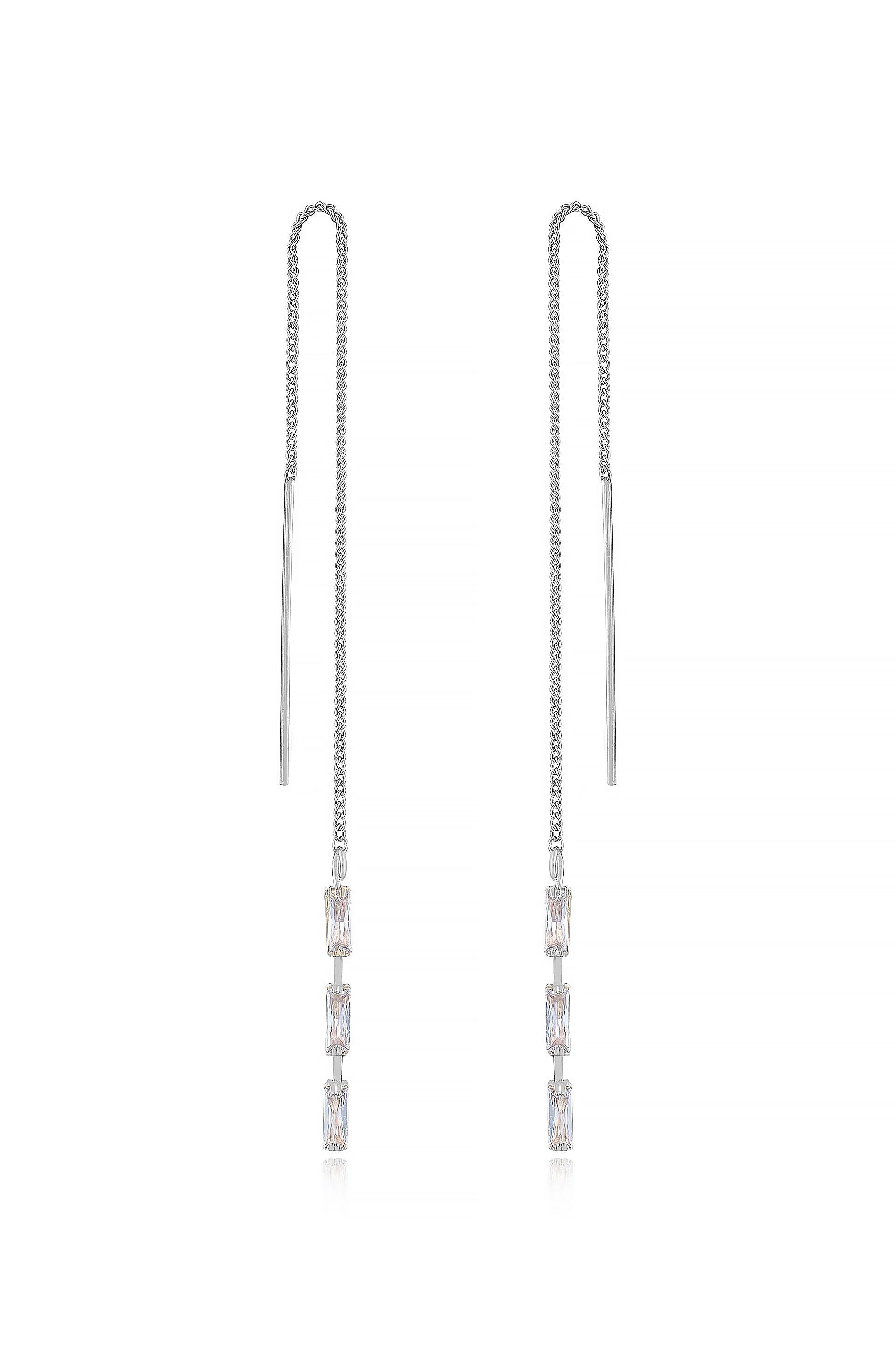 Crystal Baguette Threader Earrings Clear Crystal with Rhodium Plating