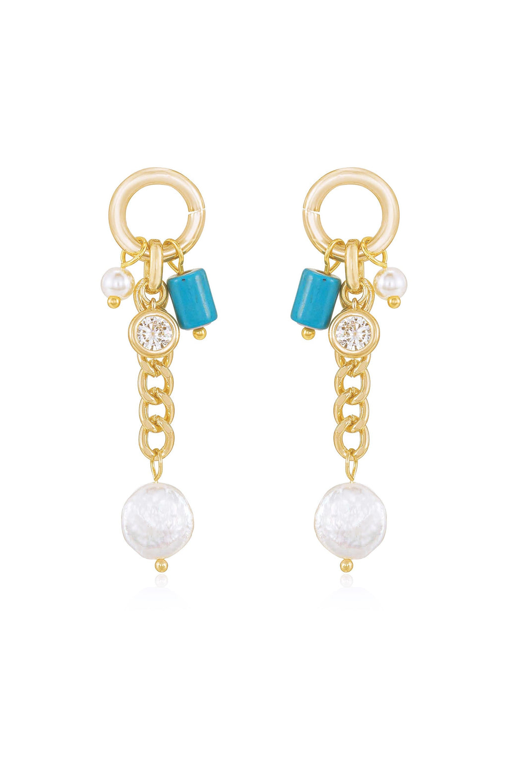 Pearl, Turquoise, and Crystal Charm Dangle Earrings