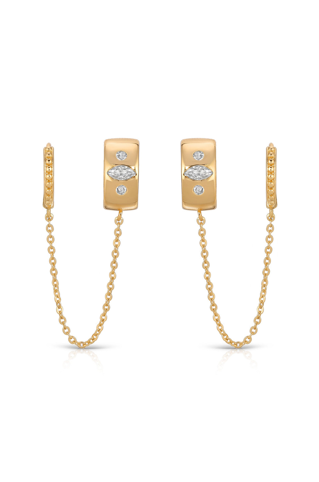 Double Piercing Bezel Crystal Dangle Earrings