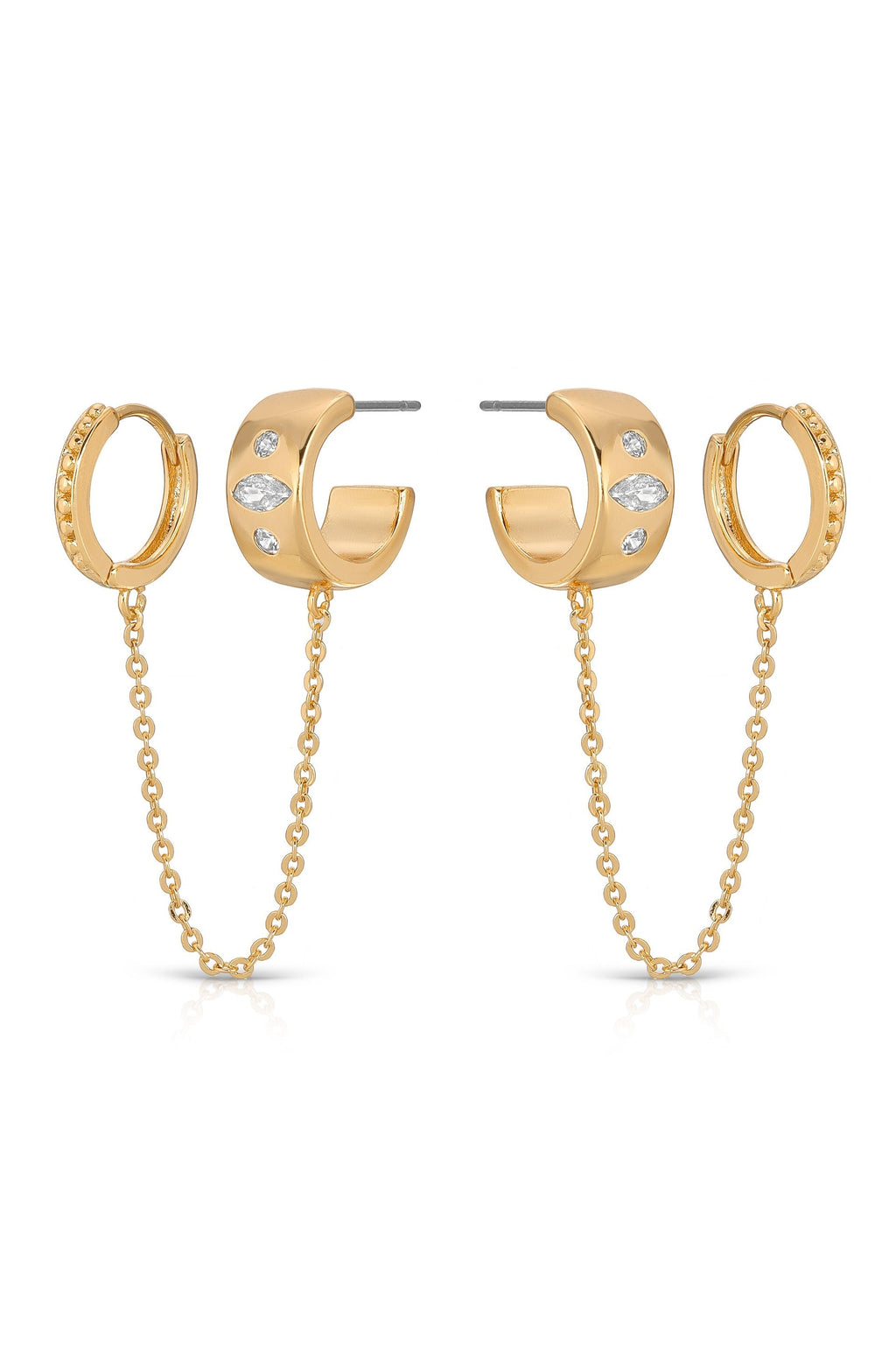 Double Piercing Bezel Crystal Dangle Earrings