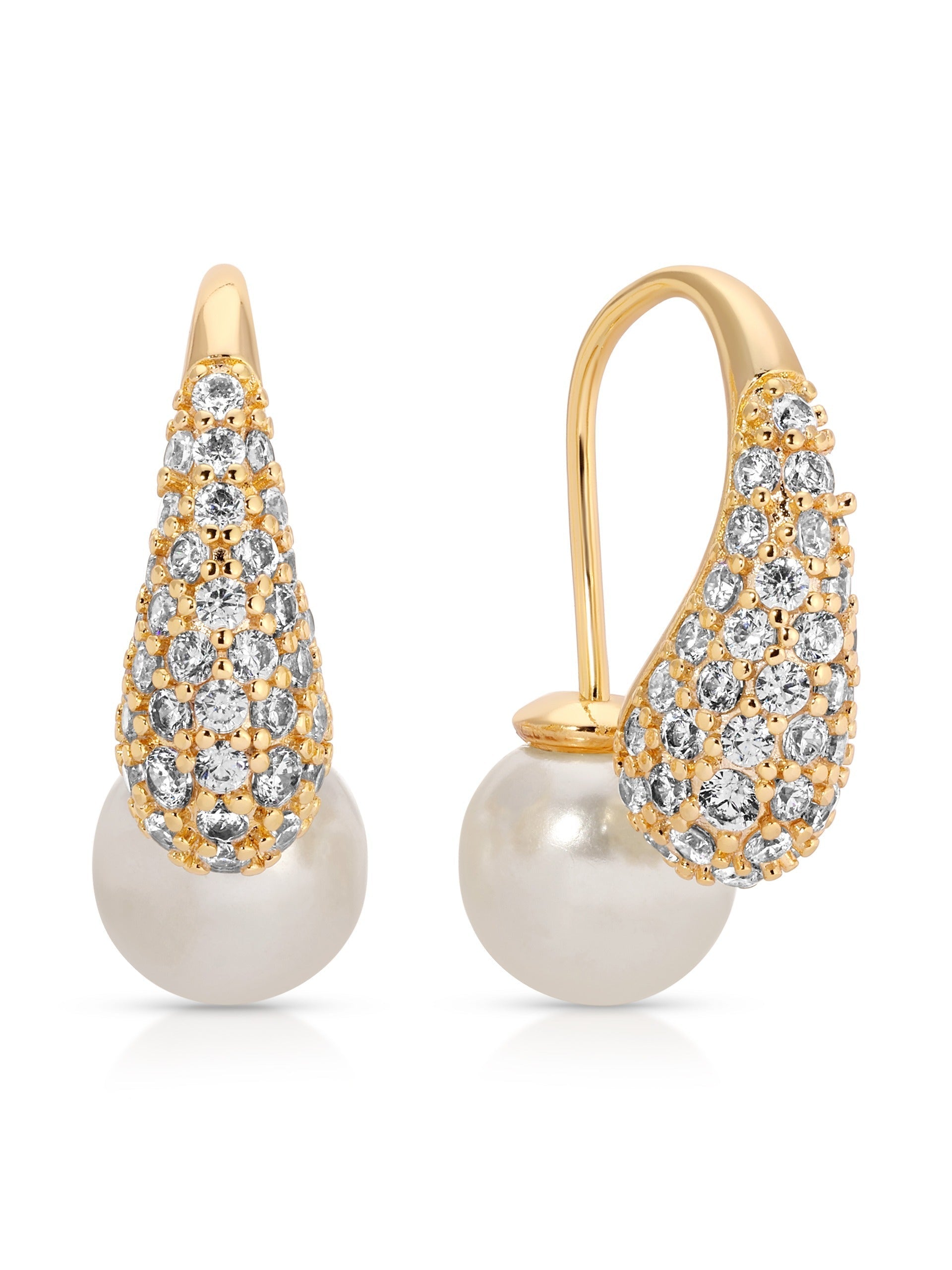 Hooked Pavé and Pearl Earrings Pearl with 18k Gold Plating