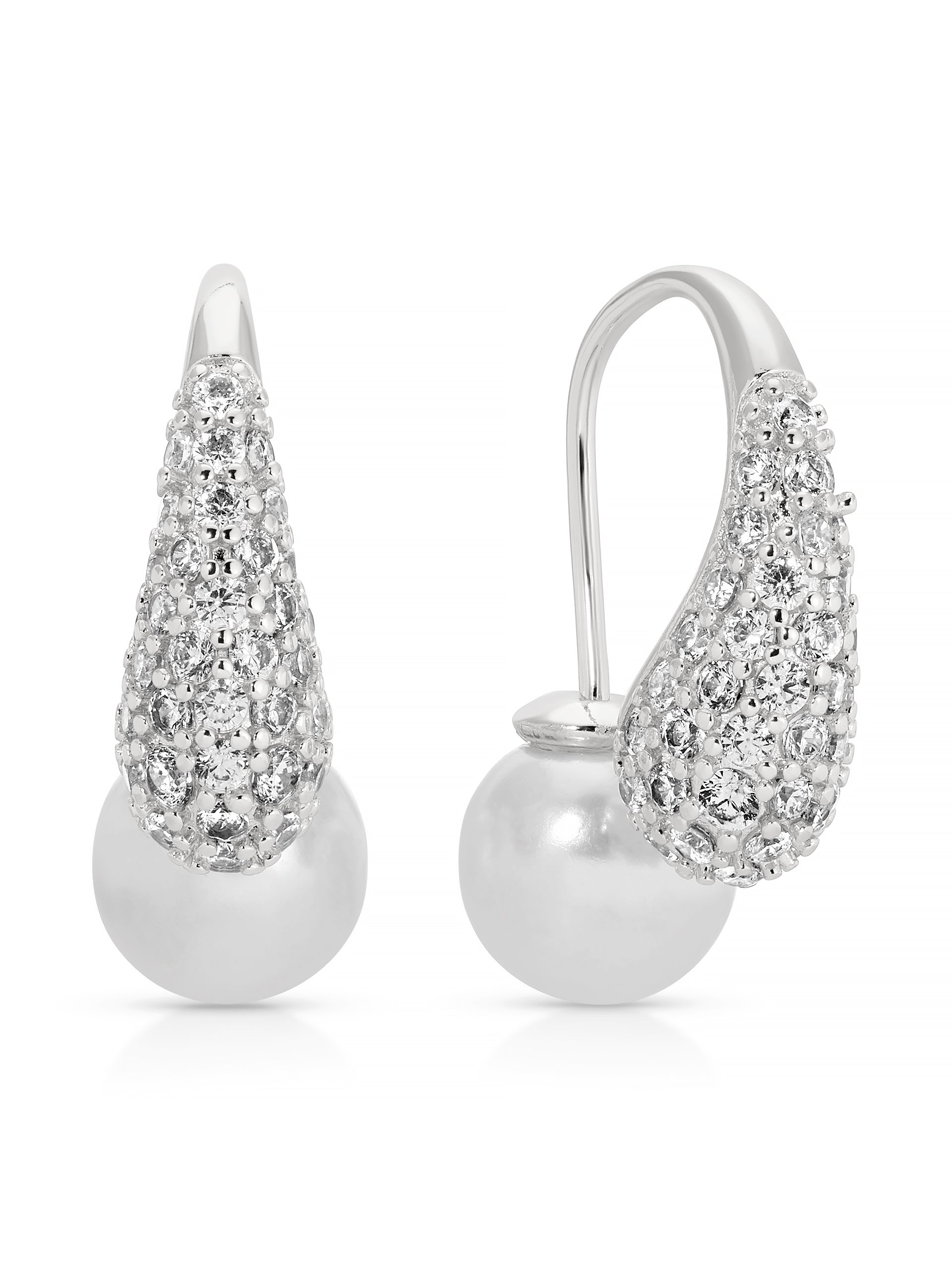 Hooked Pavé and Pearl Earrings Pearl with Silver Plating 3