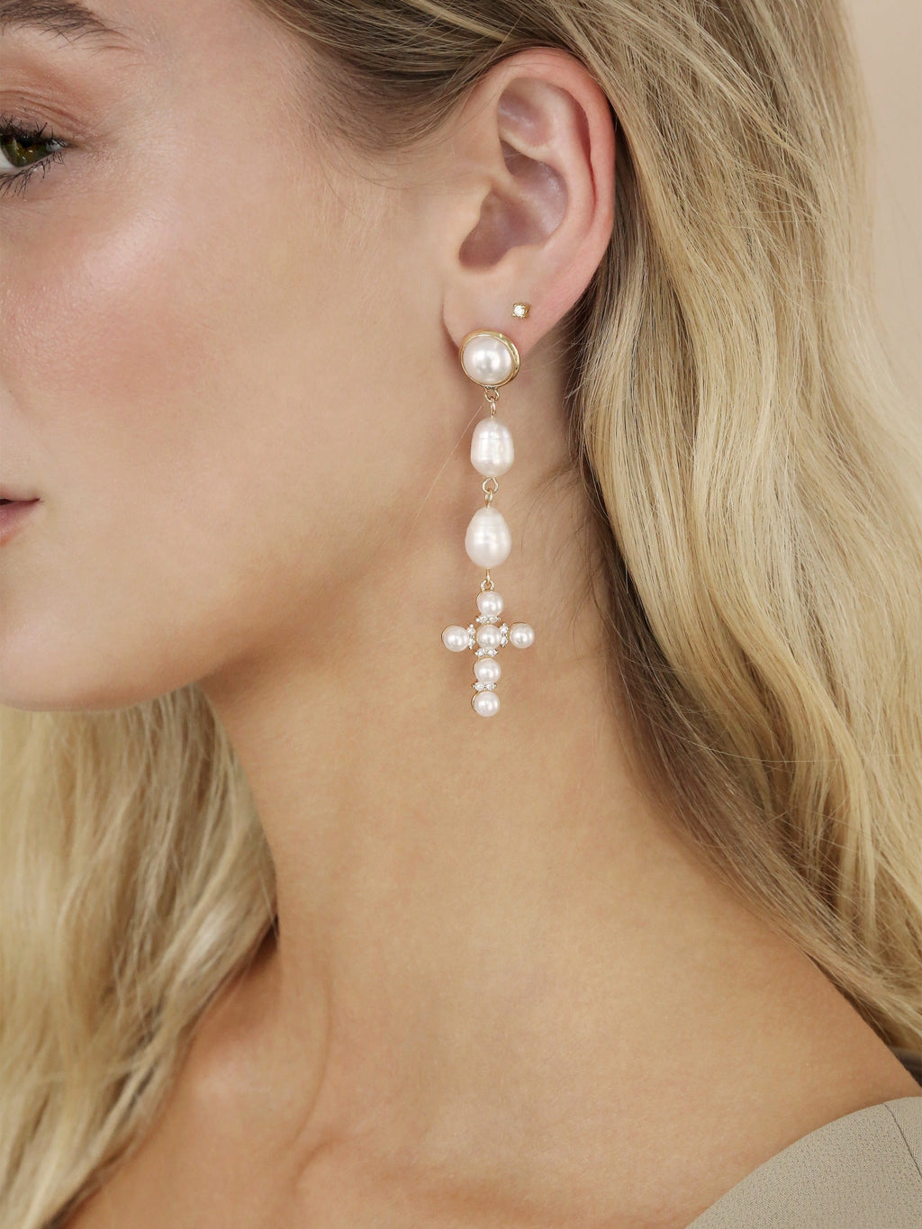 Pearl Cross Drop Earrings