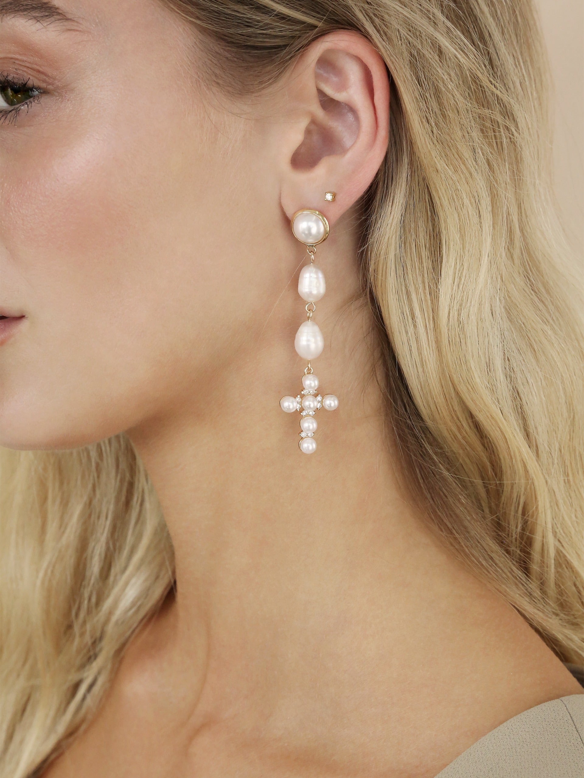 Pearl Cross Drop Earrings