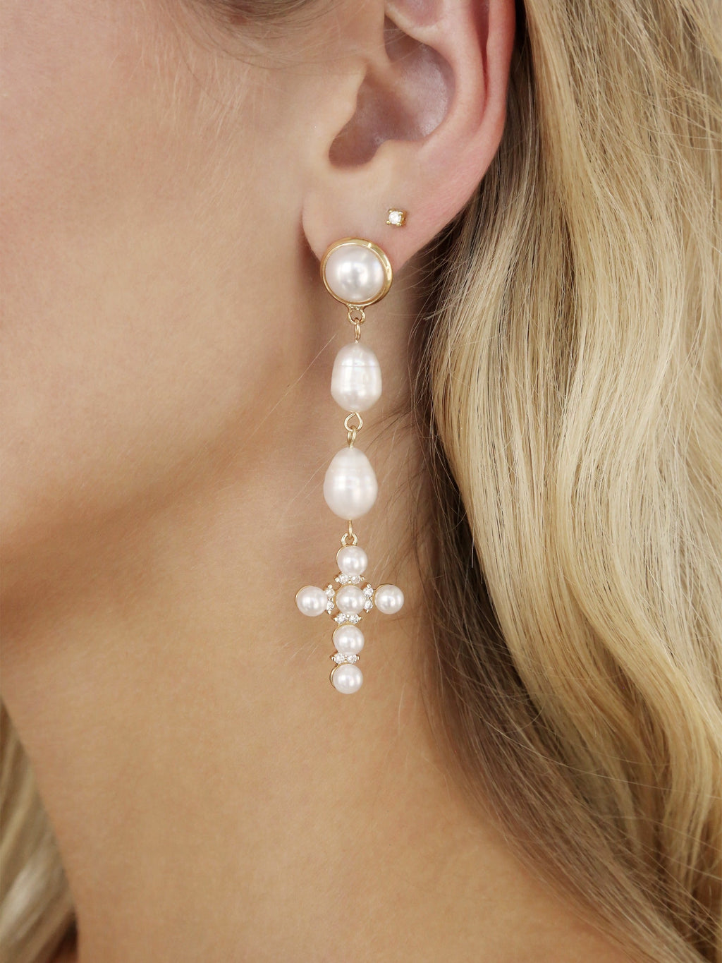 Pearl Cross Drop Earrings